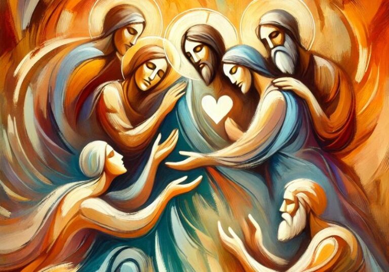 Uma arte abstrata vibrante que representa os discípulos de Jesus demonstrando amor ao próximo. Cores quentes e formas fluidas simbolizam compaixão, união e serviço, refletindo o verdadeiro significado do amor ágape.