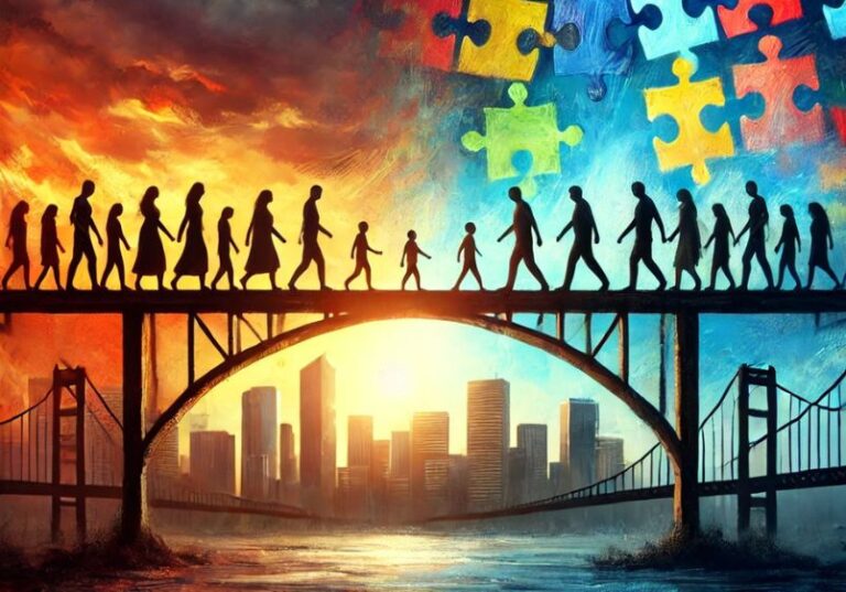 Uma imagem simbólica que retrata a dualidade do autismo como deficiência e neurodiversidade. Pessoas diversas, representando o espectro autista, estão unidas sobre uma ponte de peças de quebra-cabeça, simbolizando a conexão e a inclusão. Ao fundo, um cenário urbano monocromático contrasta com padrões vibrantes e coloridos que refletem a singularidade da neurodiversidade. O céu apresenta uma transição de nuvens escuras para uma luz radiante no horizonte, simbolizando os desafios enfrentados e a esperança de um futuro mais inclusivo.