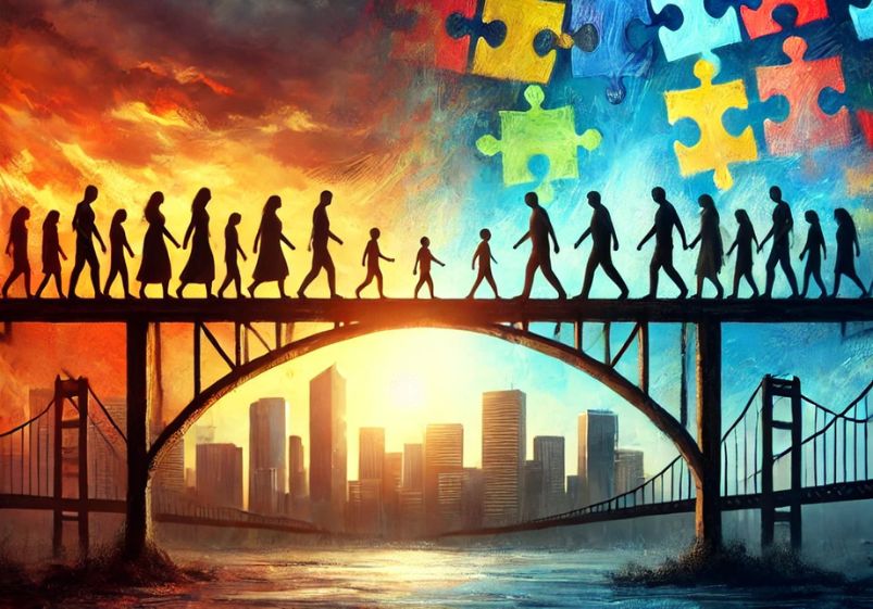 Uma imagem simbólica que retrata a dualidade do autismo como deficiência e neurodiversidade. Pessoas diversas, representando o espectro autista, estão unidas sobre uma ponte de peças de quebra-cabeça, simbolizando a conexão e a inclusão. Ao fundo, um cenário urbano monocromático contrasta com padrões vibrantes e coloridos que refletem a singularidade da neurodiversidade. O céu apresenta uma transição de nuvens escuras para uma luz radiante no horizonte, simbolizando os desafios enfrentados e a esperança de um futuro mais inclusivo.