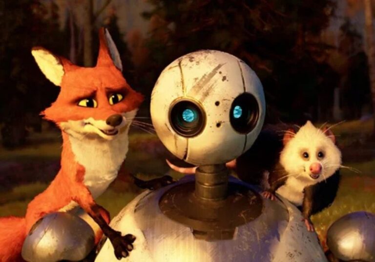 A imagem mostra um robô simpático de design simples, com olhos grandes e brilhantes, acompanhado por dois animais: uma raposa vermelha sorridente e um gambá curioso. Eles estão ao ar livre, em um ambiente de floresta, e a cena transmite uma sensação de amizade e cumplicidade entre os personagens.