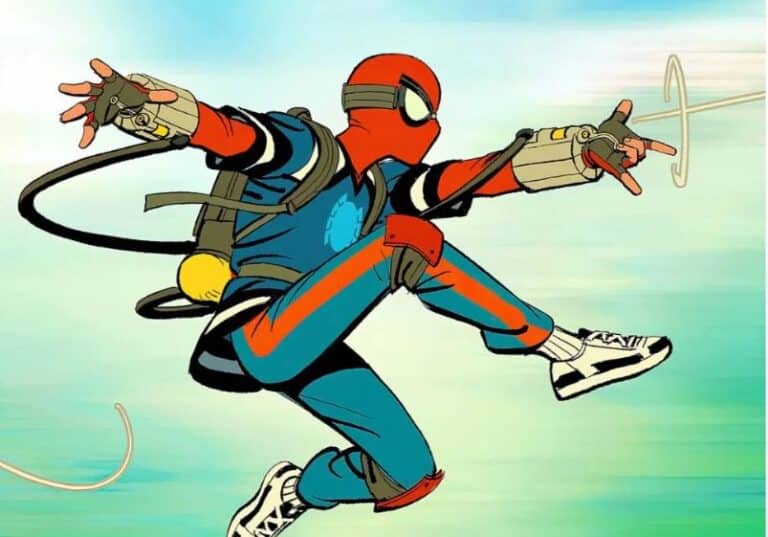 A imagem mostra uma versão estilizada do Homem-Aranha vestindo um traje alternativo. Ele usa um uniforme azul com detalhes em laranja e vermelho, além de um capuz que cobre sua cabeça, deixando apenas os icônicos olhos de sua máscara visíveis. O traje tem um design mais esportivo e despojado, incluindo tênis brancos e luvas que lembram equipamentos tecnológicos. Ele está em pleno movimento, balançando-se com suas teias e usando um dispositivo acoplado aos braços, que parece auxiliar no lançamento das teias. O estilo da arte remete aos quadrinhos clássicos, com traços dinâmicos e cores vibrantes.
