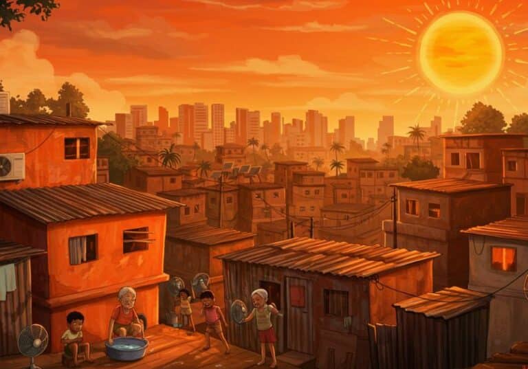 Imagem impactante de uma favela sofrendo com o aumento do calor: mostre casas simples, telhados de zinco refletindo o sol intenso, crianças e idosos buscando alívio com ventiladores improvisados ou bacias de água. No fundo, inclua uma cidade moderna com prédios e ar-condicionados, destacando o contraste entre o conforto de alguns e o sofrimento de muitos. Use cores quentes (tons de laranja e vermelho) para transmitir a sensação de calor opressivo, mas adicione elementos de esperança, como árvores sendo plantadas ou painéis solares, simbolizando soluções sustentáveis e justiça climática.