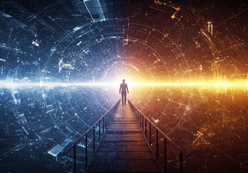 A imagem retrata uma figura humana caminhando sobre uma ponte estreita em direção a um horizonte brilhante, onde duas realidades opostas parecem se encontrar. De um lado, tons azulados e frios evocam um ambiente digital e tecnológico, com padrões circulares e fragmentos de circuitos que sugerem um universo cibernético. Do outro lado, cores quentes em tons de laranja e dourado remetem a uma energia intensa, quase cósmica, como se representassem uma dimensão distinta, possivelmente espiritual ou quântica. A linha de luz intensa que divide as duas metades reforça a ideia de uma transição, um limiar entre ciência e metafísica, tecnologia e transcendência.