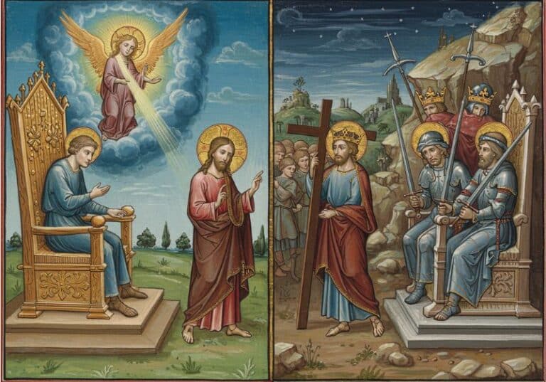 A imagem é uma ilustração em estilo iconográfico cristão dividida em duas partes, retratando cenas contrastantes da vida de Jesus Cristo. Na parte esquerda, uma figura sentada em um trono dourado, possivelmente representando a Virgem Maria ou uma figura de autoridade divina, recebe a visita de Jesus. Acima, um anjo radiante desce do céu com luzes divinas, sugerindo um momento de revelação ou orientação celestial. O ambiente é pacífico, com um céu azul e uma paisagem serena ao fundo. Na parte direita, a cena é mais sombria e dramática. Jesus, carregando a cruz, enfrenta um grupo de soldados e figuras coroadas armadas com espadas, que parecem simbolizar a opressão e a autoridade terrena. A expressão de Jesus é de resignação, contrastando com os guerreiros que exercem poder de maneira implacável. A composição reforça um forte contraste entre o divino e o terreno, o amor e a violência, a humildade e o poder mundano. É uma representação visual da Paixão de Cristo e do conflito entre o Reino de Deus e os reinos da Terra.