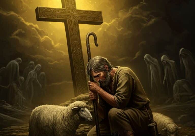 A imagem apresenta uma cena dramática e simbólica com um forte tom espiritual. No centro, há um homem idoso, de aparência humilde, com barba e cabelos grisalhos, vestido com roupas simples e rústicas. Ele está ajoelhado no chão, segurando um cajado de pastor e inclinando a cabeça em um gesto de pesar ou arrependimento. Seu semblante transmite tristeza, reflexão ou oração profunda. Ao lado do homem, há uma ovelha branca que parece observá-lo, reforçando a ideia de que ele pode ser um pastor. Atrás dele, uma grande cruz ornamentada se ergue, iluminada por uma luz dourada intensa que atravessa um céu nublado e dramático. No fundo, figuras sombrias e encapuzadas emergem da escuridão, parecendo observar a cena de longe. Sua presença adiciona um elemento misterioso e talvez sobrenatural à composição, sugerindo uma batalha espiritual ou a presença de almas errantes. A imagem transmite um forte simbolismo religioso, possivelmente representando arrependimento, fé, redenção ou o papel do pastor como guia espiritual. A iluminação e a atmosfera dramática reforçam a ideia de um momento de transformação ou reflexão profunda diante da cruz.
