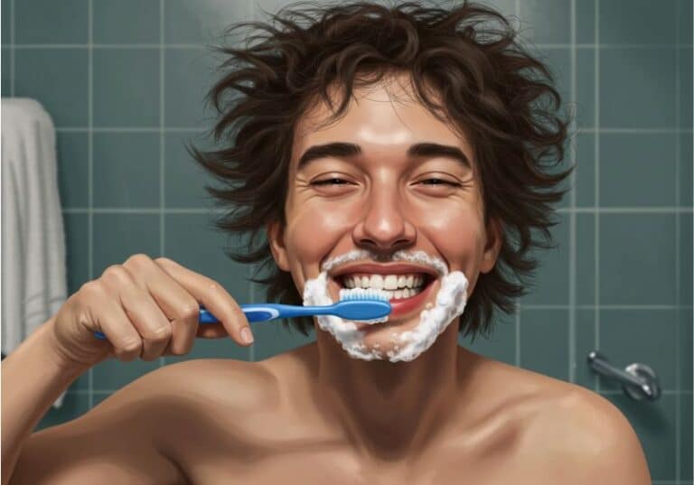A imagem mostra um jovem de cabelos bagunçados e expressão alegre, sorrindo amplamente enquanto escova os dentes no banheiro. Seu rosto está coberto de espuma de creme dental ao redor da boca, criando um efeito engraçado. Ele segura uma escova de dentes azul e parece estar se divertindo com o momento. O fundo tem azulejos verdes e um toalheiro com uma toalha branca pendurada, reforçando o ambiente de um banheiro.