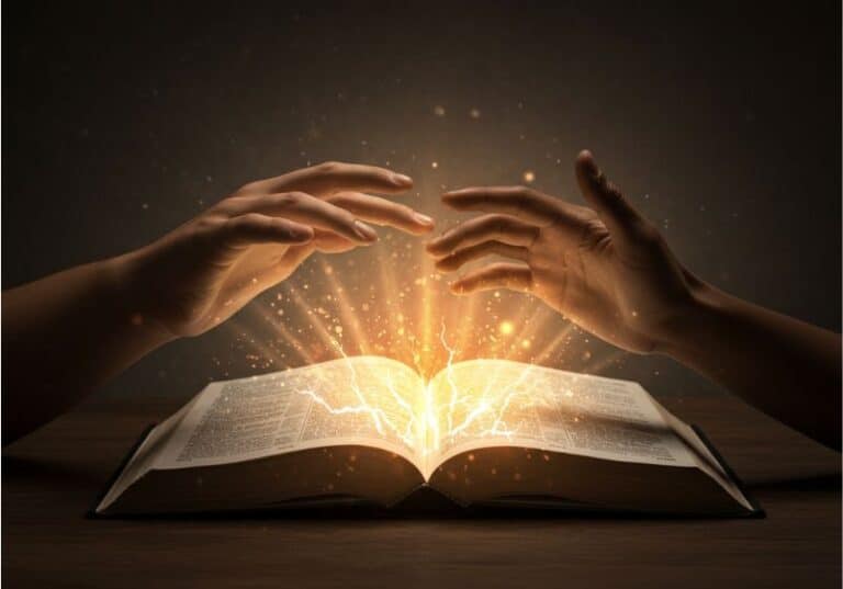 A imagem retrata uma Bíblia aberta, emanando uma luz intensa e dourada. Duas mãos se estendem em direção ao livro, quase se tocando, evocando uma sensação de conexão espiritual ou divina. A luz que emerge das páginas parece vibrante, com faíscas e energia, sugerindo conhecimento sagrado, revelação ou inspiração. O fundo escuro realça o brilho místico da cena, criando uma atmosfera de mistério e transcendência. A imagem simboliza o poder da palavra escrita, a busca por sabedoria e o toque divino sobre o conhecimento humano.