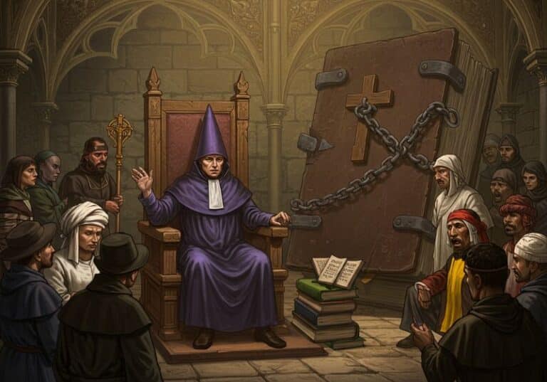 A imagem retrata uma cena medieval em um ambiente gótico, com um homem vestindo um manto roxo e um chapéu pontudo sentado em um trono ornamentado. Ele parece ser uma figura de autoridade religiosa ou inquisitorial, gesticulando com uma das mãos enquanto mantém uma expressão severa. Ao redor dele, um grupo de pessoas com trajes típicos da época o observa atentamente, algumas parecendo submissas, enquanto outras demonstram indignação ou questionamento. À direita da cena, há um enorme livro de aparência sagrada, fechado com correntes e um grande cadeado, com uma cruz pregada na capa, simbolizando restrição ou controle sobre o conhecimento religioso. Em frente ao trono, uma pilha de livros e pergaminhos reforça a ideia de julgamento sobre o conhecimento e a fé. A ambientação e os elementos remetem a uma representação simbólica da censura e do controle da Igreja sobre o pensamento na Idade Média, possivelmente uma alusão à Inquisição ou ao conflito entre doutrina e questionamento intelectual.