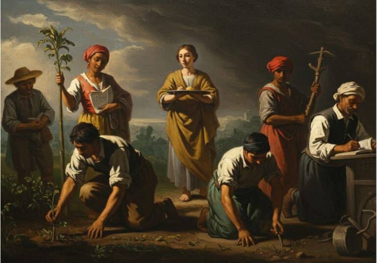 A imagem retrata um grupo de pessoas envolvidas em atividades agrícolas e intelectuais, evocando um ambiente rural e de trabalho coletivo. No primeiro plano, dois homens estão ajoelhados no solo, plantando mudas com grande atenção e esforço. Um deles veste uma camisa branca arregaçada, demonstrando dedicação ao trabalho braçal. Ao lado, uma mulher segura uma vara ou uma pequena árvore, enquanto outra lê um livro, sugerindo a combinação de conhecimento e prática. No centro da composição, uma mulher vestida de maneira elegante segura um prato e observa a cena com uma expressão serena e contemplativa. À direita, uma figura com um lenço vermelho segura uma cruz de madeira, simbolizando talvez fé ou um elemento religioso, enquanto um homem sentado escreve atentamente em um livro ou caderno, representando o registro do conhecimento ou da administração do trabalho. Ao fundo, a paisagem e o céu carregado de nuvens escuras criam uma atmosfera dramática, contrastando com a luz que ilumina os personagens, destacando seu esforço e propósito. A cena transmite uma mensagem de trabalho, fé e sabedoria, podendo sugerir uma reflexão sobre a relação entre a terra, o conhecimento e a espiritualidade.