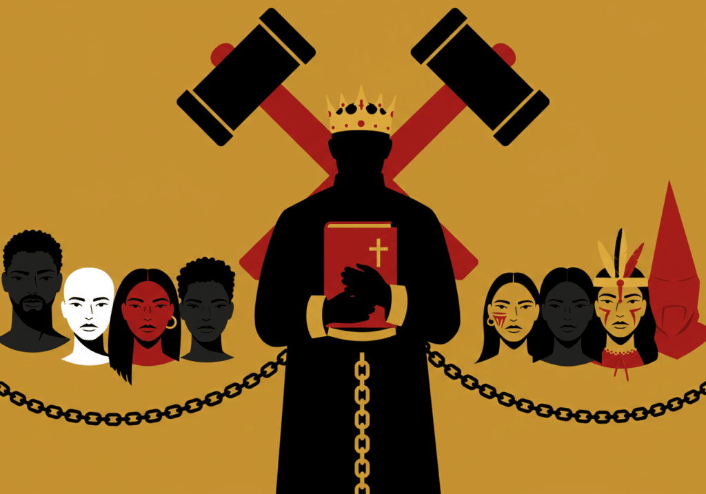 A imagem apresenta uma ilustração estilizada com fundo dourado, onde um personagem central, representado inteiramente em preto, veste uma vestimenta religiosa e segura um livro vermelho com uma cruz na capa. Ele usa uma coroa dourada, simbolizando poder ou autoridade, e está posicionado diante de dois grandes martelos de juiz cruzados ao fundo.Em torno dessa figura, há diversas pessoas retratadas em cores distintas (preto, branco, vermelho), simbolizando diferentes etnias e culturas. Algumas dessas figuras possuem pinturas tribais no rosto, enquanto outras remetem a diferentes grupos sociais. A corrente dourada que passa em frente a elas parece indicar opressão ou controle. À direita, há um personagem vestindo um capuz pontiagudo vermelho, que pode remeter a símbolos de intolerância e opressão.A composição da imagem sugere uma crítica ao uso do poder religioso e judicial para subjugar ou oprimir diferentes povos e culturas, levantando reflexões sobre colonialismo, imposição de crenças e dominação social.