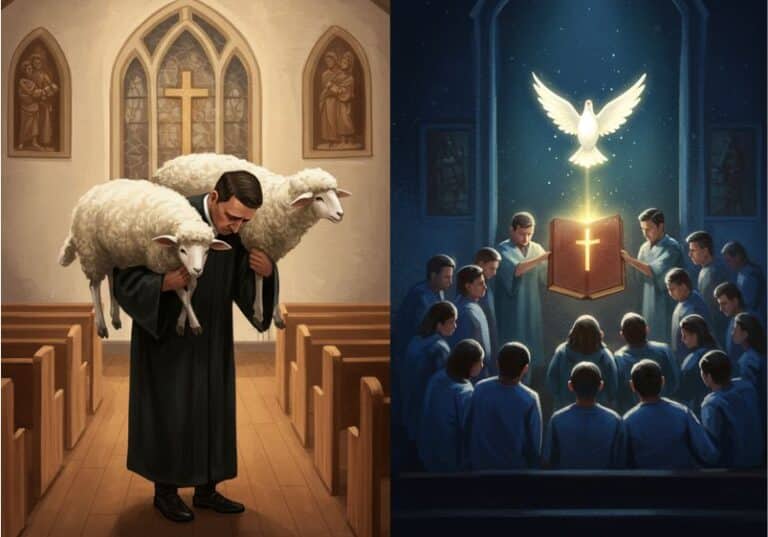 A imagem está dividida em duas cenas, ambas com forte simbolismo cristão. Na parte esquerda, há um homem trajando vestes eclesiásticas dentro de uma igreja, carregando duas ovelhas nos ombros. A expressão séria e o ambiente sagrado, com vitrais e uma cruz ao fundo, sugerem a figura de um pastor que cuida de seu rebanho. A imagem transmite a ideia de liderança cansada e fadigada, trabalhando sozinha. Na parte direita, um grupo de pessoas vestidas com túnicas azuis está reunido em um ambiente de igreja, formando um semicírculo ao redor de um grande livro sagrado, que brilha intensamente com uma cruz dourada em sua capa. Acima do livro, uma pomba branca paira, irradiando luz, simbolizando o Espírito Santo. A cena evoca a presença divina, a iluminação espiritual e o estudo comunitário das Escrituras, possivelmente representando um momento de culto ou adoração em que todos atuam conjuntamente.