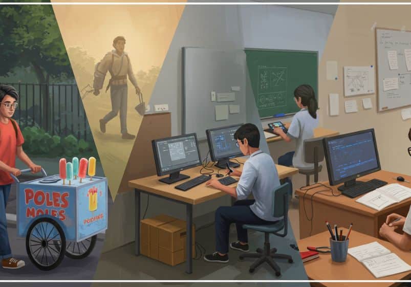 A imagem retrata a jornada de autodescoberta e resiliência de um jovem, dividida em três momentos distintos. À esquerda, ele vende picolés em um carrinho, usando óculos e uma camisa vermelha, demonstrando um início de trajetória simples e desafiador. No centro, há uma cena de transição onde ele aparece caminhando com uma mochila e ferramentas, envolto por uma luz dourada, simbolizando orientação e superação. À direita, ele está em um ambiente acadêmico, trabalhando com computadores e, posteriormente, ensinando em uma sala de aula. O cenário transmite esforço, crescimento e esperança, representando sua luta antes de um diagnóstico de autismo.