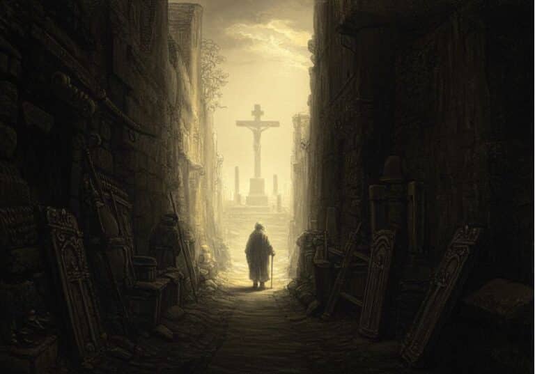 A imagem apresenta uma cena sombria e contemplativa, com um forte simbolismo religioso e existencial. Em um estreito e escuro corredor formado por construções antigas e desgastadas, um idoso de vestes longas caminha apoiado em uma bengala. A iluminação suave e dourada no horizonte cria um contraste com as sombras profundas ao redor, conduzindo o olhar do observador para o centro da composição. No fundo, um grande crucifixo se ergue sobre um pedestal, iluminado por uma luz celestial, simbolizando esperança, redenção ou um chamado espiritual. O caminho até a cruz parece ser um percurso de provação e reflexão, reforçado pelos detalhes das paredes que contêm objetos antigos, como portas, estátuas e relíquias, possivelmente alusivos a memórias ou julgamentos passados. A cena evoca um sentimento de jornada espiritual, talvez de arrependimento, busca por redenção ou um retorno ao sagrado após uma vida cheia de dificuldades. A presença da cruz ao final do caminho sugere uma mensagem de fé e transcendência diante da decadência do mundo material.