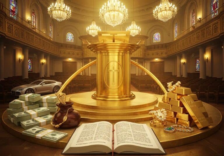 A imagem retrata um ambiente luxuoso dentro de uma igreja suntuosa, com vitrais coloridos e grandes lustres dourados pendendo do teto. No centro, há um púlpito grandioso feito inteiramente de ouro, ornamentado com um símbolo de cruz na parte frontal. Ao redor do púlpito, diversos elementos remetem à riqueza material: pilhas de dinheiro, barras de ouro, joias reluzentes e um saco de couro contendo moedas e um colar de pérolas. Em primeiro plano, uma Bíblia aberta está posicionada sobre a plataforma dourada, contrastando com os símbolos da opulência ao redor. No fundo, um carro de luxo estacionado dentro da igreja reforça a ideia de ostentação e prosperidade. A iluminação quente e dourada destaca o esplendor do cenário, enquanto a ausência de pessoas sugere uma reflexão sobre a relação entre fé e riqueza.