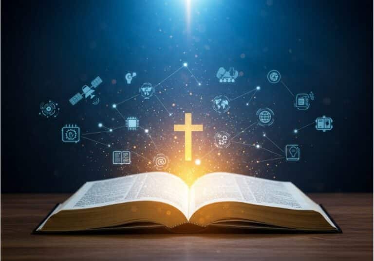 A imagem retrata uma Bíblia aberta sobre uma superfície de madeira, irradiando uma luz dourada brilhante de suas páginas. No centro, uma cruz iluminada emerge, representando a centralidade da fé cristã e da Palavra de Deus. Ao redor da cruz, há diversos ícones tecnológicos e digitais conectados entre si, incluindo símbolos de satélite, inteligência artificial, comunicação, redes globais, livros e dispositivos eletrônicos. O fundo escuro com um brilho celestial na parte superior sugere uma conexão entre o conhecimento divino e a era digital, enfatizando a interação entre fé e tecnologia. A imagem transmite a ideia de que a Bíblia continua sendo uma fonte de sabedoria em um mundo cada vez mais tecnológico, mostrando a integração entre espiritualidade e inovação.