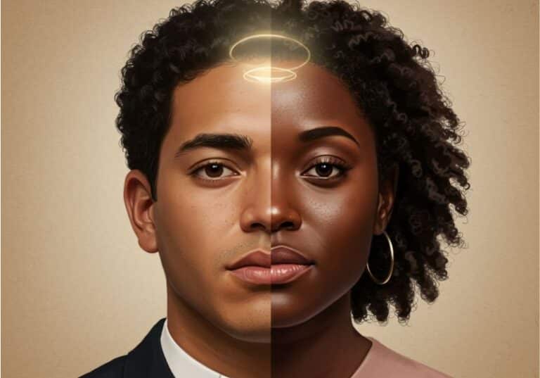 A imagem mostra um retrato dividido ao meio, apresentando duas metades de rostos diferentes. O lado esquerdo retrata um homem jovem, com cabelos curtos e encaracolados, vestindo um terno elegante. O lado direito retrata uma mulher jovem, com cabelos crespos e volumosos, usando brincos e uma roupa mais casual. Ambos os rostos se fundem perfeitamente no centro, sugerindo uma dualidade ou complementaridade entre os dois indivíduos. No topo da imagem, há um halo luminoso posicionado exatamente no meio da cabeça, indicando um possível simbolismo espiritual ou divino. A paleta de cores é suave e harmoniosa, com um fundo neutro que enfatiza os detalhes faciais e a expressão serena dos personagens. Se a intenção da imagem for representar um pastor e uma pastora, pode-se interpretar que ambos compartilham uma vocação divina, sugerindo igualdade na liderança espiritual. A fusão dos rostos pode simbolizar unidade, equilíbrio ou a ideia de que a vocação pastoral não está limitada a um gênero específico.