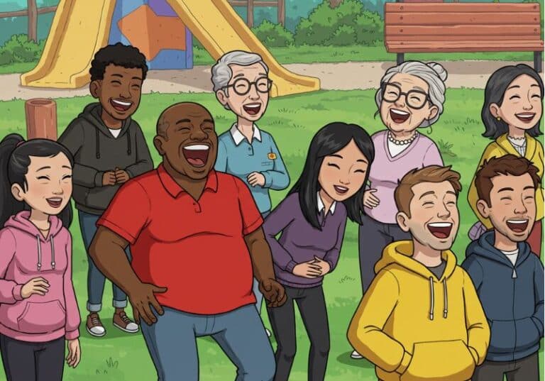 A imagem mostra um grupo diverso de pessoas rindo e se divertindo juntas em um parque. Há indivíduos de diferentes idades, incluindo idosos, adultos e jovens, todos demonstrando alegria. O cenário ao fundo inclui um playground com um escorregador, bancos e árvores, indicando um ambiente ao ar livre e acolhedor. As roupas são casuais e coloridas, contribuindo para a atmosfera descontraída da cena. O grupo parece estar compartilhando um momento de felicidade coletiva, sugerindo um senso de comunidade e conexão entre eles.