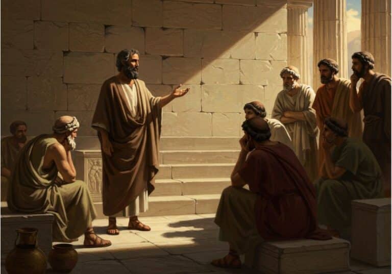 A imagem retrata o apóstolo Paulo discursando no Areópago em Atenas, cercado por filósofos gregos atentos. A cena é ambientada em uma construção clássica com colunas e blocos de pedra, evocando a arquitetura da Grécia Antiga. Um feixe de luz ilumina Paulo de maneira simbólica, destacando sua figura em contraste com as sombras suaves ao redor. A expressão serena e firme de Paulo revela um momento de profundo diálogo e respeito mútuo, enquanto os ouvintes demonstram curiosidade e reflexão. O estilo visual remete à pintura de Rembrandt, com uma composição minimalista, cores terrosas e atmosfera contemplativa.