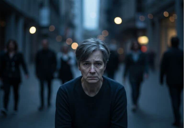 A imagem mostra uma pessoa adulta de expressão séria e melancólica, em destaque no centro da cena, caminhando em uma rua urbana. O ambiente ao redor está levemente desfocado, com figuras humanas indistintas passando ao fundo, o que reforça a sensação de isolamento e invisibilidade. A paleta de cores é composta por tons frios e azulados, transmitindo uma atmosfera de solidão, introspecção e silêncio emocional. As luzes da cidade aparecem borradas, como pequenos pontos de luz desfocados, reforçando a ideia de um mundo ao redor que segue indiferente à dor interna da pessoa retratada.