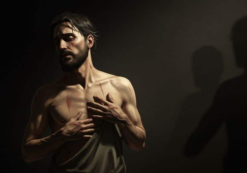 A imagem retrata um homem de aparência sofrida, com expressão de dor e introspecção. Ele tem cabelos escuros, barba e marcas de ferimentos no rosto e no peito, que parecem ser cicatrizes recentes. Seu torso está parcialmente descoberto, envolto por um pano simples, e suas mãos tocam suavemente as feridas no peito, sugerindo um gesto de autoafirmação ou reflexão sobre sua dor. A iluminação dramática destaca seu rosto e corpo contra um fundo escuro, criando um efeito de chiaroscuro que reforça a atmosfera emocional da cena. No lado direito da imagem, sombras projetadas na parede parecem formar figuras humanas, o que pode simbolizar uma presença invisível ou um conflito interno. A estética da obra remete a uma representação artística clássica e realista, possivelmente inspirada em imagens de Cristo após a crucificação, evocando temas de sofrimento, redenção e humanidade.