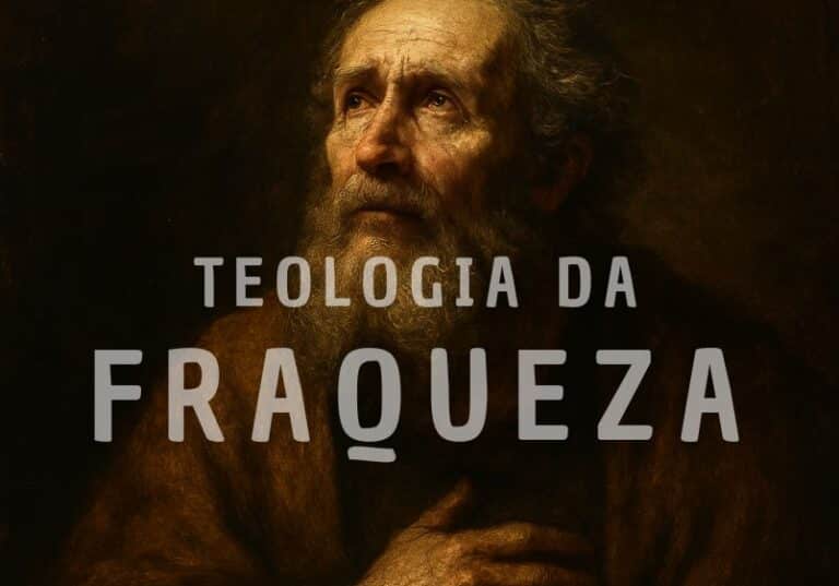 Esta imagem apresenta um retrato em estilo barroco, inspirado na estética de Rembrandt, representando um homem idoso de expressão comovente e olhar voltado para o alto, como em súplica ou reflexão profunda. A luz suave e dramática destaca seu rosto e mãos, contrastando com o fundo escuro, típico da técnica do claro-escuro. O semblante cansado, porém cheio de dignidade, transmite vulnerabilidade e fé — evocando a essência da Teologia da Fraqueza. Ao centro, sobreposta à imagem, está a inscrição "Teologia da Fraqueza", com uma tipografia simples e sólida, reforçando o contraste entre fragilidade humana e firmeza espiritual. É uma representação visual poderosa da mensagem do livro.