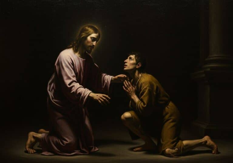 A imagem apresenta uma cena intensa e profundamente simbólica, pintada no estilo barroco de Caravaggio. Em um ambiente escuro, apenas iluminado por uma luz dramática que incide sobre os personagens principais, vemos Cristo ajoelhado à esquerda, vestido com uma túnica em tom vinho e com uma expressão serena e compassiva. Sua mão direita repousa sobre o queixo de um jovem cristão ajoelhado à sua frente, à direita da composição. O jovem, de roupas simples e expressão angustiada, olha para Cristo com um misto de esperança e arrependimento, sugerindo um momento de profunda entrega espiritual. A iluminação evidencia os detalhes anatômicos dos corpos e transmite a tensão emocional da cena. Ao fundo, colunas escuras e sombras reforçam o clima dramático e solene, característico das obras de Caravaggio. É uma representação vívida da relação de discipulado, humildade e encontro com Cristo.