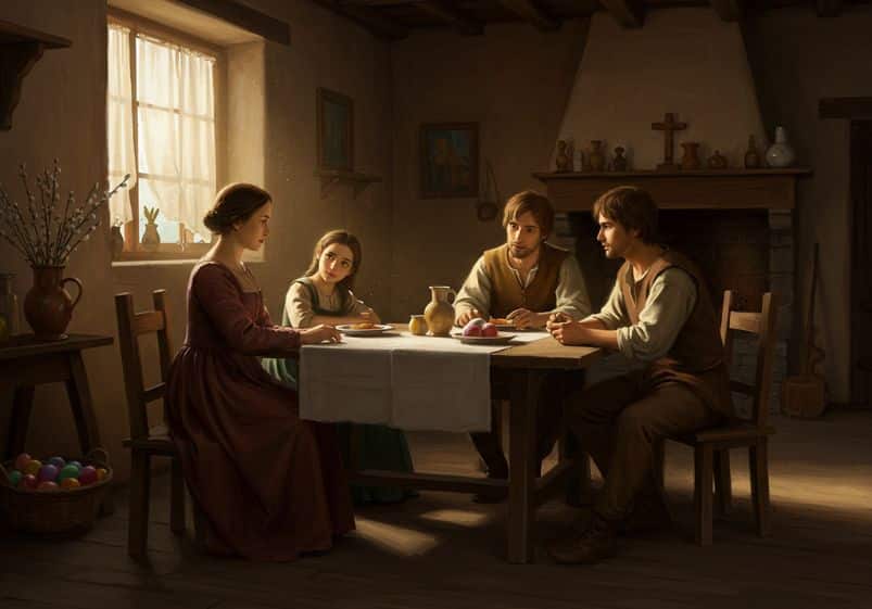 A imagem retrata uma cena serena e intimista de uma família reunida ao redor de uma mesa, em um ambiente rústico, iluminado suavemente pela luz natural que entra pela janela. A atmosfera remete ao estilo renascentista de Leonardo da Vinci, com tons terrosos e composição equilibrada. À mesa, uma mulher, uma jovem menina e dois homens compartilham um momento de refeição e conversa tranquila. Ao fundo, há uma lareira com uma cruz cristã em destaque, reforçando o aspecto espiritual da cena. Detalhes como os jarros de barro, as paredes de pedra, e a decoração simples sugerem um lar do campo em tempos antigos. Apesar de haver uma cesta com ovos coloridos no canto da sala, ninguém parece se importar com eles — todos estão focados uns nos outros, refletindo o verdadeiro sentido da comunhão e, possivelmente, o espírito da Páscoa cristã vivido no dia a dia.