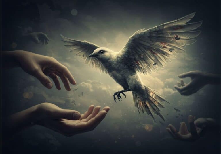 A imagem apresenta um pássaro de aparência majestosa e etérea, voando em direção a várias mãos estendidas. A cena tem um tom artístico e surreal, com um fundo nebuloso e celestial, dando uma sensação de mistério e transcendência. As asas do pássaro parecem se dissolver em pequenos fragmentos, que podem ser interpretados como pedaços de papel, penas ou borboletas, reforçando uma simbologia de transformação, liberdade e efemeridade. As mãos ao redor parecem estar oferecendo acolhimento ou buscando contato com a ave, sugerindo um tema de conexão, esperança ou libertação. A paleta de cores escuras e douradas adiciona um ar dramático e contemplativo à composição.