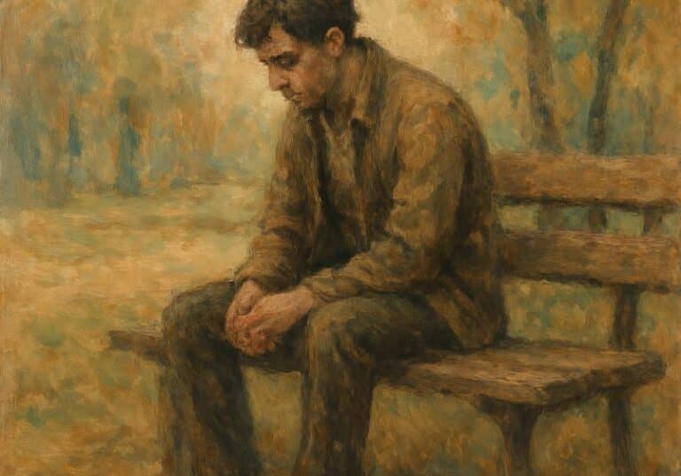 A imagem retrata uma cena solitária em estilo impressionista, com tons pastéis e terrosos suaves. No centro da composição, há uma pessoa sentada sozinha em um banco de madeira, cercada por uma paisagem outonal. As folhas caídas no chão e as árvores de galhos finos ao fundo sugerem um clima de introspecção e melancolia. A luz suave e difusa transmite uma sensação de silêncio e contemplação, enquanto os traços pincelados expressam emoção e profundidade. A imagem evoca o sentimento de isolamento e solidão abordado no artigo, mas também carrega um toque poético e sensível.