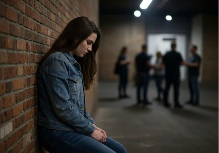 A imagem mostra uma jovem sentada, encostada em uma parede de tijolos, com expressão de tristeza e solidão, olhando para baixo. Ela veste uma jaqueta jeans e calça jeans. Ao fundo, um grupo de pessoas está de pé, conversando entre si, desfocado, reforçando a ideia de exclusão social e isolamento. O ambiente parece ser um corredor ou passagem urbana, com iluminação fria e ambiente um pouco escuro. A cena transmite fortemente a sensação de solidão e desconexão.