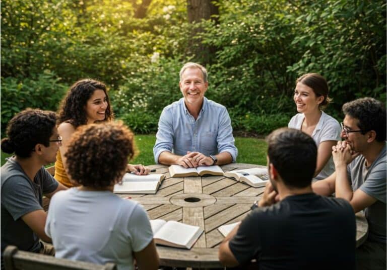 Na imagem, um grupo de sete pessoas está reunido em uma mesa redonda de madeira ao ar livre, em um ambiente cercado de árvores e vegetação. Todos estão sorrindo, demonstrando alegria, acolhimento e amizade. Sobre a mesa, há vários livros abertos, indicando uma conversa descontraída sobre temas como Bíblia, teologia ou estudo. O clima é leve, agradável e acolhedor, refletindo comunhão, inclusão e amor prático entre os participantes. A luz do sol atravessa as árvores, iluminando suavemente a cena e reforçando a sensação de paz e conexão.