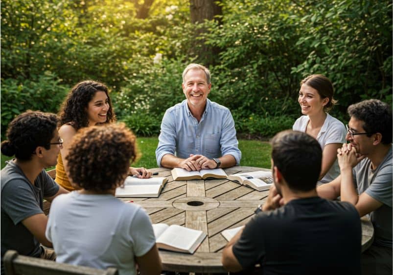 Na imagem, um grupo de sete pessoas está reunido em uma mesa redonda de madeira ao ar livre, em um ambiente cercado de árvores e vegetação. Todos estão sorrindo, demonstrando alegria, acolhimento e amizade. Sobre a mesa, há vários livros abertos, indicando uma conversa descontraída sobre temas como Bíblia, teologia ou estudo. O clima é leve, agradável e acolhedor, refletindo comunhão, inclusão e amor prático entre os participantes. A luz do sol atravessa as árvores, iluminando suavemente a cena e reforçando a sensação de paz e conexão.