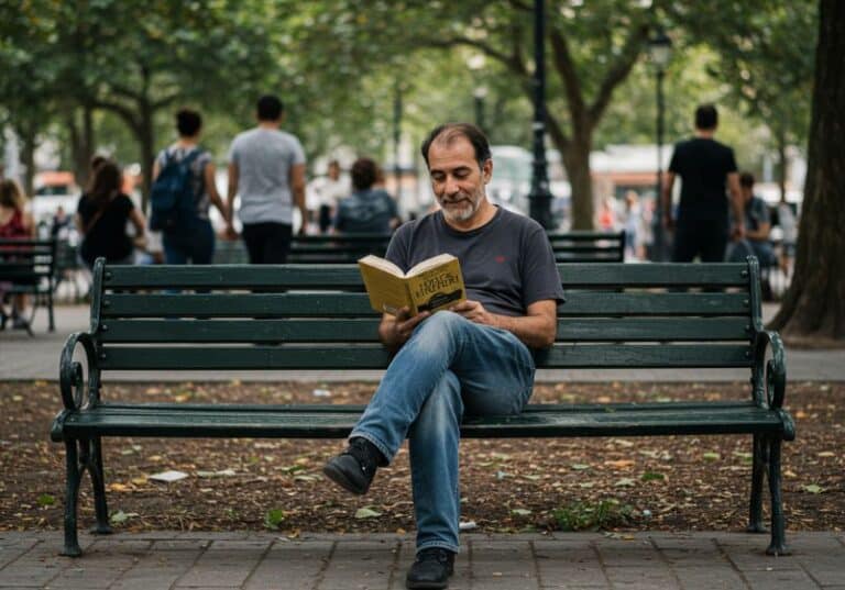A imagem mostra um homem de meia-idade sentado sozinho em um banco de praça, lendo um livro. Ele parece tranquilo e concentrado na leitura. Ao fundo, há algumas pessoas caminhando e conversando, mas estão desfocadas, dando destaque à solidão serena do homem no primeiro plano. A praça é arborizada, transmitindo um ambiente calmo e agradável.