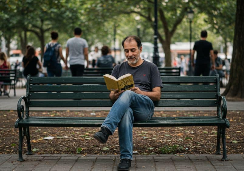 A imagem mostra um homem de meia-idade sentado sozinho em um banco de praça, lendo um livro. Ele parece tranquilo e concentrado na leitura. Ao fundo, há algumas pessoas caminhando e conversando, mas estão desfocadas, dando destaque à solidão serena do homem no primeiro plano. A praça é arborizada, transmitindo um ambiente calmo e agradável.
