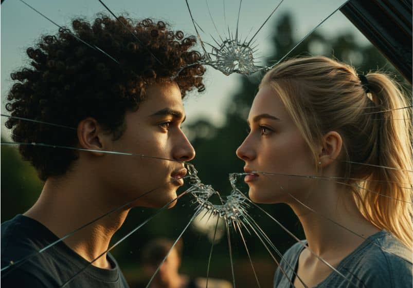 A imagem mostra um jovem homem negro de cabelo cacheado e uma jovem mulher branca de cabelo loiro presos em um intenso olhar um para o outro, separados por um espelho quebrado. As rachaduras do espelho criam fragmentos ao redor de seus rostos, refletindo diferentes ângulos e perspectivas. A luz suave do entardecer reforça a atmosfera contemplativa e simbólica da cena, sugerindo temas como alteridade, identidade e consciência compartilhada.