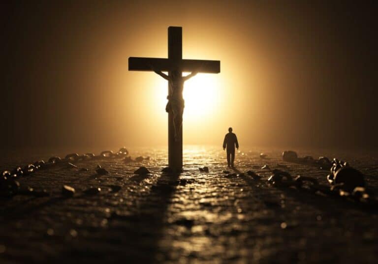 A imagem mostra uma cena simbólica e intensa: um homem caminha em direção a uma cruz com Cristo crucificado, posicionada contra uma luz radiante ao fundo, que cria um forte contraste entre sombra e claridade. O chão está repleto de correntes quebradas, representando libertação da escravidão. A figura do homem em direção à cruz transmite a ideia de redenção, transformação e liberdade por meio do sacrifício de Jesus. A iluminação dourada ao fundo sugere esperança, vitória e nova vida.