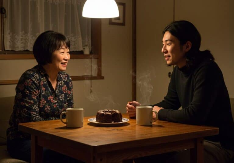 A imagem mostra duas pessoas sentadas à mesa, em um ambiente simples e acolhedor, iluminado por uma luz pendente. Sobre a mesa de madeira há duas canecas com bebida quente e um bolo de chocolate no centro. Ambos estão sorrindo e conversando de forma descontraída. Não há enfeites ou decoração de festa, transmitindo uma sensação de simplicidade, aconchego e conexão genuína entre eles.