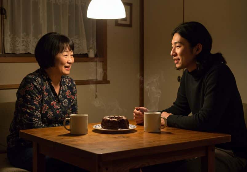A imagem mostra duas pessoas sentadas à mesa, em um ambiente simples e acolhedor, iluminado por uma luz pendente. Sobre a mesa de madeira há duas canecas com bebida quente e um bolo de chocolate no centro. Ambos estão sorrindo e conversando de forma descontraída. Não há enfeites ou decoração de festa, transmitindo uma sensação de simplicidade, aconchego e conexão genuína entre eles.