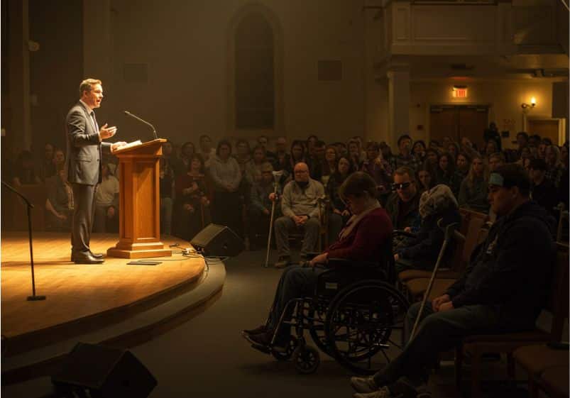 A imagem mostra um pregador evangélico discursando em um púlpito iluminado, diante de uma grande plateia em uma igreja. Em destaque na parte frontal da congregação, algumas pessoas com deficiência — uma mulher em cadeira de rodas, um homem com muletas, uma criança autista acompanhada — aparecem com expressões de tristeza, exclusão e desconforto. A cena, com iluminação dramática e tons sóbrios, transmite um forte contraste entre a autoridade do orador e o sofrimento silencioso dos marginalizados, refletindo visualmente o tema da dor e do capacitismo na igreja.
