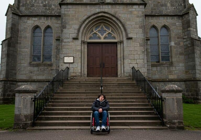 A imagem mostra uma pessoa em uma cadeira de rodas posicionada na base de uma longa escadaria em frente a uma igreja de pedra de estilo gótico. A escadaria leva a uma grande porta de madeira, mas não há nenhuma rampa visível para acessibilidade. A pessoa parece estar olhando para cima, em direção à porta fechada da igreja, transmitindo um sentimento de exclusão ou inatingibilidade. A cena sugere uma crítica visual à falta de acessibilidade em templos religiosos ou espaços públicos, levantando questões sobre inclusão e barreiras arquitetônicas enfrentadas por pessoas com deficiência.