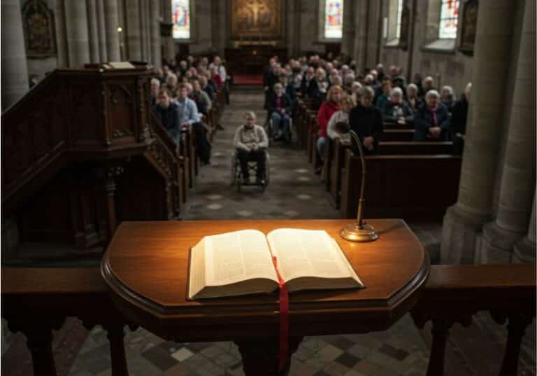 A imagem mostra o interior de uma igreja vista a partir do púlpito. Em primeiro plano, há uma Bíblia aberta sobre um suporte de madeira bem iluminado por uma luminária. Ao fundo, a congregação está reunida e atenta, sentada nos bancos da igreja. Entre os fiéis, destaca-se uma pessoa em uma cadeira de rodas posicionada no centro do corredor, em evidência, como parte da comunidade. A arquitetura é clássica, com colunas de pedra e vitrais coloridos, transmitindo um ambiente solene e reverente.