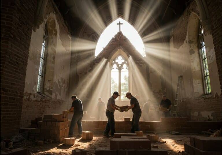 Pessoas de diferentes jeitos com ou sem deficiências construindo o templo de uma igreja, logo a cima no centro um vitral irradiando a luz do sol com uma cruz acima no centro.