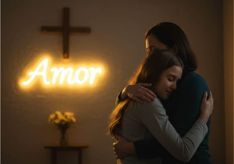 A imagem mostra uma mãe e uma filha se abraçando de forma carinhosa e acolhedora. No fundo, há uma parede com uma cruz de madeira e a palavra "Amor" iluminada em luz amarela, criando um clima aconchegante, sereno e cheio de significado. Também há uma pequena mesa com um vaso de flores, reforçando a ideia de cuidado, afeto e espiritualidade. A cena transmite uma forte mensagem de aceitação, empatia e amor incondicional.