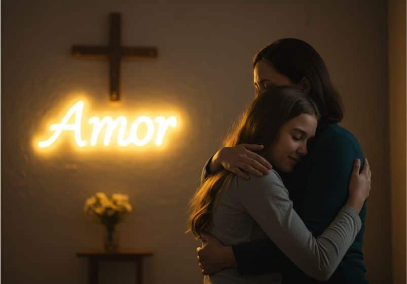 A imagem mostra uma mãe e uma filha se abraçando de forma carinhosa e acolhedora. No fundo, há uma parede com uma cruz de madeira e a palavra "Amor" iluminada em luz amarela, criando um clima aconchegante, sereno e cheio de significado. Também há uma pequena mesa com um vaso de flores, reforçando a ideia de cuidado, afeto e espiritualidade. A cena transmite uma forte mensagem de aceitação, empatia e amor incondicional.