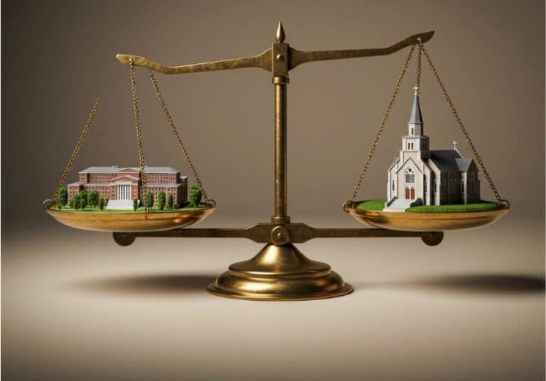 A imagem mostra uma balança dourada de dois pratos. De um lado, há uma miniatura de um prédio clássico de universidade, com colunas na entrada, jardins e arquitetura acadêmica. No outro prato, há uma miniatura de uma igreja com torre e cruz, representando a religião. A balança está equilibrada, sugerindo uma comparação simbólica entre os conceitos de universidade e religião no contexto de doutrinação, pluralidade e fé. O fundo é neutro, destacando os elementos principais sem distrações.
