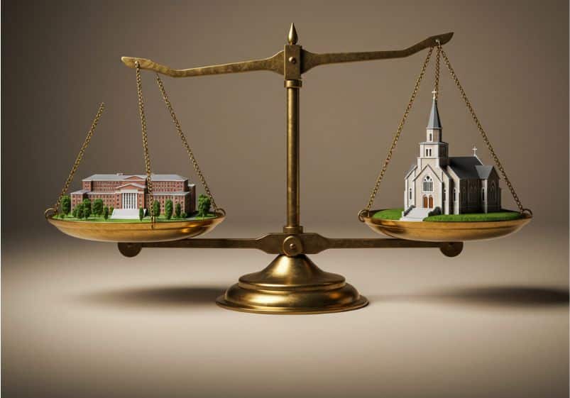 A imagem mostra uma balança dourada de dois pratos. De um lado, há uma miniatura de um prédio clássico de universidade, com colunas na entrada, jardins e arquitetura acadêmica. No outro prato, há uma miniatura de uma igreja com torre e cruz, representando a religião. A balança está equilibrada, sugerindo uma comparação simbólica entre os conceitos de universidade e religião no contexto de doutrinação, pluralidade e fé. O fundo é neutro, destacando os elementos principais sem distrações.