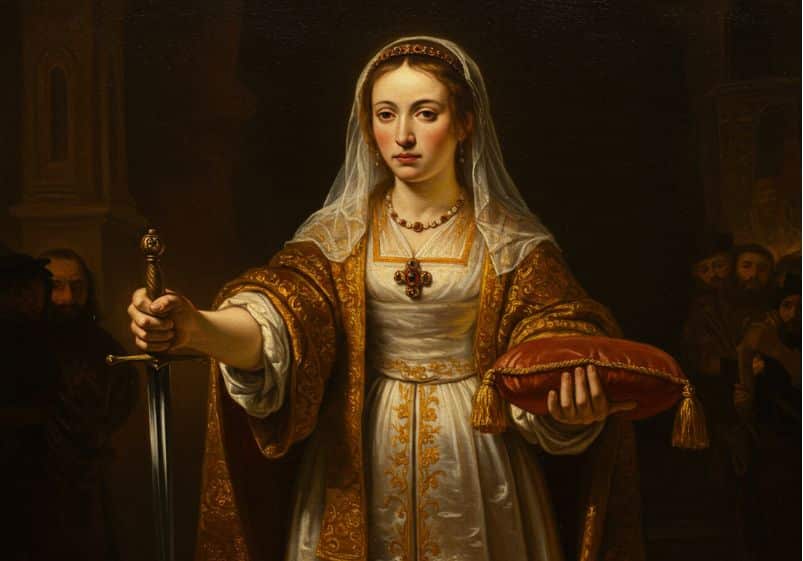 Um retrato a óleo de uma mulher elegante, vestindo roupas ricas e segurando uma espada e um pequeno travesseiro. A composição do quadro é centrada na figura feminina, posicionada ligeiramente para o centro da tela. A mulher é o foco principal, enquanto outras figuras menos definidas estão presentes no fundo, sugerindo um contexto de uma cena maior. A mulher é representada de frente, olhando diretamente para o espectador. Ela está em uma postura que sugere poder e serenidade. Suas mãos seguram a espada e um pequeno travesseiro de cor vinho. As mãos estão posicionadas de modo que o espectador possa observar os detalhes de cada mão, dando ênfase à peça. Os detalhes incluem a espada, o tecido da vestimenta, os acessórios e o travesseiro. A iluminação da pintura cria sombras e realça as texturas dos tecidos, dando vida e dimensão à figura principal. A figura principal é uma mulher adulta, com uma expressão serena e um ar de autoridade. Ela veste uma roupa ricamente adornada, com detalhes em dourado, indicando status ou importância. O véu e a tiara realçam o seu perfil e destacam sua elegância. Os detalhes dos acessórios, como a joia no pescoço, realçam ainda mais seu perfil e o contexto da obra. A presença de uma espada em sua mão esquerda realça ainda mais seu ar de poder e determinação. O estilo da pintura é característico da pintura holandesa do século XVII. A pincelada é detalhada, com uma renderização cuidadosa das formas, dos tecidos, e da iluminação. As cores são predominantemente terrosas, com tons de dourado, marrom e bege, criando um ambiente sofisticado e histórico. A atenção para os detalhes da roupa é notável, com a representação precisa das dobras e texturas dos tecidos. A iluminação sutil e focada dá profundidade e volume à figura principal. O ambiente é interno, com uma atmosfera de cerimônia ou um cenário palaciano, sugerido pelas paredes e pilastras de fundo, e pelas vestes elaboradas da figura feminina. A iluminação é suave e direcionada, concentrando-se na figura central. A sombra nas paredes e no fundo complementam o enfoque na figura principal, criando um efeito dramático que acentua a sua presença na cena. A atmosfera geral é de serenidade e dignidade, combinando com a postura e expressão da mulher no quadro.