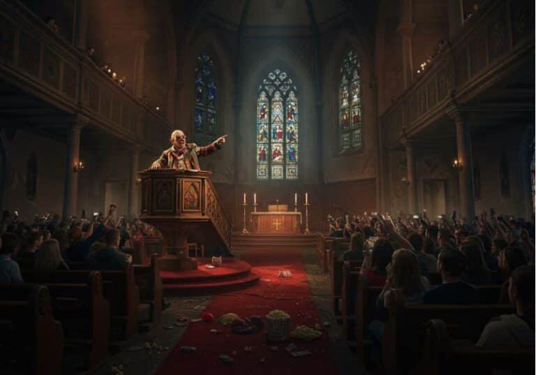 A imagem retrata uma cena crítica e simbólica do que parece ser uma igreja transformada em espetáculo. No centro, sobre o púlpito, está um homem vestido como um palhaço, fazendo gestos dramáticos como um pregador. O ambiente é uma tradicional igreja cristã com vitrais, altar e bancos de madeira, mas completamente distorcida em sua função original. O chão está coberto por lixo de pipoca e outros restos de lanche, como em um cinema ou circo. Os fiéis, em vez de orar ou prestar atenção ao sermão, estão com celulares erguidos, tirando fotos ou gravando vídeos do palhaço-pregador — evidenciando uma cultura de espetáculo, vaidade e culto à imagem. A atmosfera é escura, com iluminação teatral, criando um contraste entre a solenidade arquitetônica da igreja e a banalização de seu uso. A cena é uma crítica visual contundente ao que muitos veem como a transformação da fé cristã em entretenimento vazio e performático.