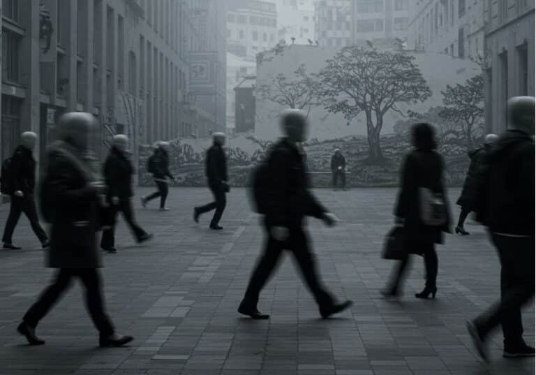 A imagem mostra uma cena urbana em tons de cinza, transmitindo uma atmosfera fria e mecânica. Várias pessoas caminham apressadas em diferentes direções, com rostos desfocados ou apagados, o que simboliza a perda de identidade e individualidade. Todas parecem alheias umas às outras, como engrenagens em movimento automático. Ao fundo, há um grande mural com a ilustração de uma paisagem natural, com árvores — um forte contraste com o concreto e a pressa ao redor. Diante dele, uma única figura está sentada em silêncio, imóvel, em postura contemplativa, sugerindo um momento de pausa e reflexão em meio ao caos produtivista. A imagem evoca exatamente o conflito entre o "fazer" frenético da vida moderna e a necessidade esquecida de simplesmente "ser".