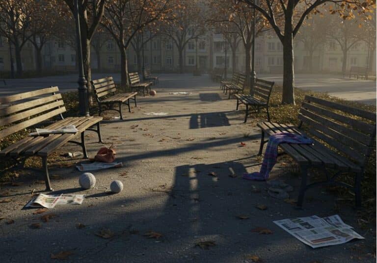 A imagem retrata uma praça vazia em clima de outono, com folhas secas espalhadas pelo chão. Os bancos de madeira estão abandonados, sobre alguns deles há objetos esquecidos, como um cachecol colorido, bolas de tricô e novelos, além de jornais abertos e dobrados pelo chão. A luz suave do fim da tarde projeta sombras longas das árvores e dos bancos, criando uma atmosfera melancólica e silenciosa. A ausência de pessoas sugere um abandono simbólico, como se aqueles que frequentavam o lugar tivessem, subitamente, desaparecido. A cena transmite solidão, ausência e reflexão sobre o tempo e o esquecimento.